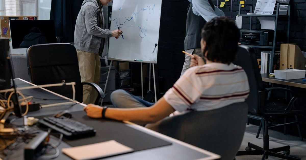 Team in an office planning work on a whiteboard